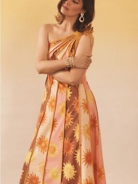 FARM Rio One-Shoulder Midi Dress in Pink, Gold & Brown